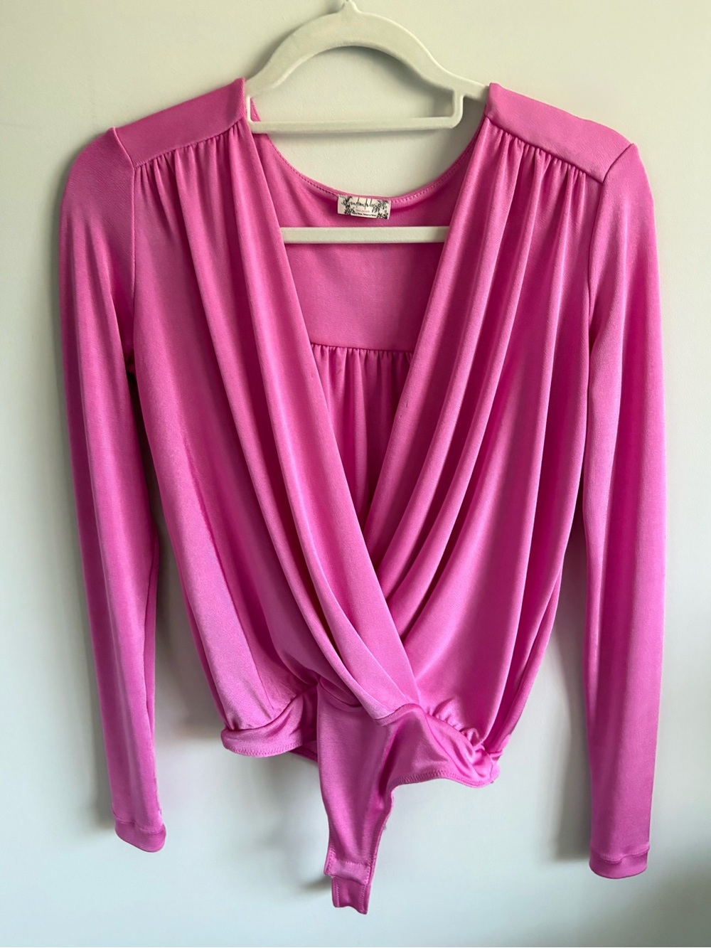 Free People Hot Pink Draped Surplice Long Sleeve Bodysuit